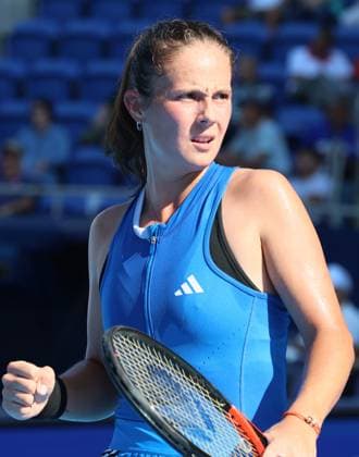 September 28, 2023, Tokyo, Japan - Daria Kasatkina of Russia clinches her fist as she won a key point against Despina Papamichail of Greece during the second round match of the Toray Pan Pacific Open tennis tournament at the Ariake Colosseum in Tokyo on Thursday, September 28, 2023. (photo by Yoshio Tsunoda AFLO) Noxthirdxpartyxsales  (0306183435st)