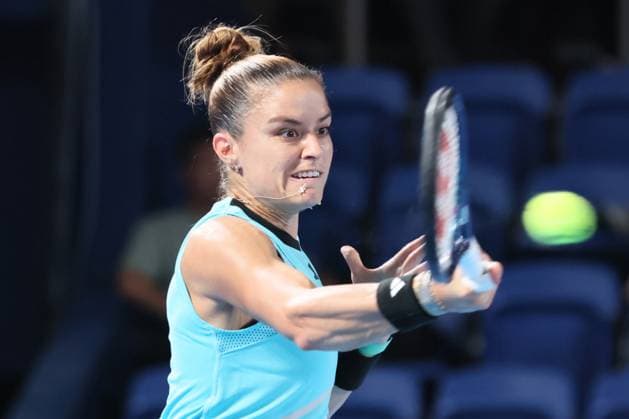 September 28, 2023, Tokyo, Japan - Maria Sakkari of Greece returns the ball against Misaki Doi of Japan during the second round match of the Toray pan Pacific Open tennis tournament at the Ariake Colosseum in Tokyo on Thursday, September 28, 2023. Doi was defeated by Sakkari 3-6, 1-6 and withdrew from her professional carrier. (photo by Yoshio Tsunoda AFLO) Noxthirdxpartyxsales  (0306213795st)