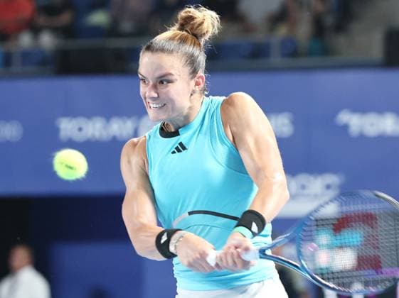 September 28, 2023, Tokyo, Japan - Maria Sakkari of Greece returns the ball against Misaki Doi of Japan during the second round match of the Toray pan Pacific Open tennis tournament at the Ariake Colosseum in Tokyo on Thursday, September 28, 2023. Doi was defeated by Sakkari 3-6, 1-6 and withdrew from her professional carrier. (photo by Yoshio Tsunoda AFLO) Noxthirdxpartyxsales  (0306213810st)