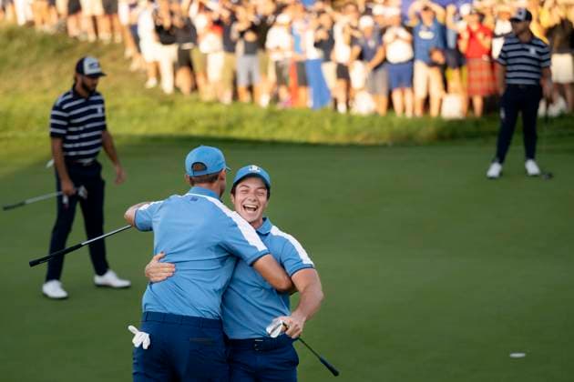 230929 Ludvig Aberg and Viktor Hovland of Team Europe celebrates during the first round of the Ryder Cup on September 29, 2023 in Rome Photo Mathias Bergeld BILDBYRAN kod MB MB0736 golf ryder cup day 1 bbeng round 1 jubel  Copyright: MATHIASxBERGELD BB230929MB004