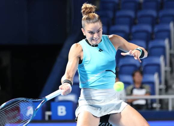 September 29, 2023, Tokyo, Japan - Maria Sakkari of Greece returns the ball against Caroline Garcia of France during the quarter final match of the Toray pan Pacific Open tennis tournament at the Ariake Colosseum in Tokyo on Friday, September 29, 2023. (photo by Yoshio Tsunoda AFLO) Noxthirdxpartyxsales  (0306328073st)