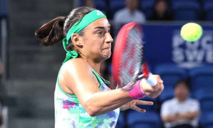 September 29, 2023, Tokyo, Japan - Caroline Garcia of France returns the ball against Maria Sakkari of Greece during the quarter final match of the Toray pan Pacific Open tennis tournament at the Ariake Colosseum in Tokyo on Friday, September 29, 2023. (photo by Yoshio Tsunoda AFLO) Noxthirdxpartyxsales  (0306328131st)