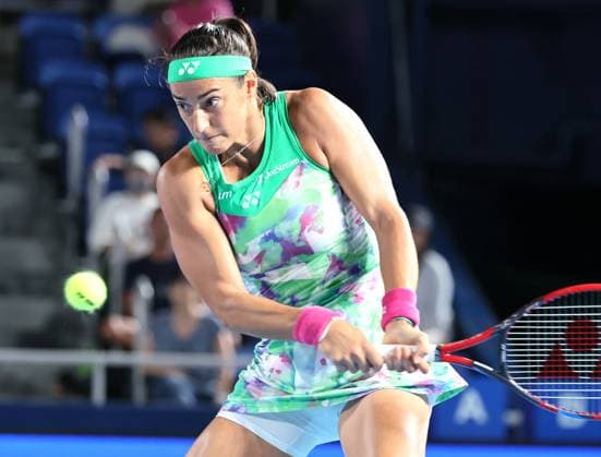 September 29, 2023, Tokyo, Japan - Caroline Garcia of France returns the ball against Maria Sakkari of Greece during the quarter final match of the Toray pan Pacific Open tennis tournament at the Ariake Colosseum in Tokyo on Friday, September 29, 2023. (photo by Yoshio Tsunoda AFLO) Noxthirdxpartyxsales  (0306328148st)