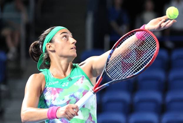 September 29, 2023, Tokyo, Japan - Caroline Garcia of France tosses the ball to deliver a service against Maria Sakkari of Greece during the quarter final match of the Toray pan Pacific Open tennis tournament at the Ariake Colosseum in Tokyo on Friday, September 29, 2023. (photo by Yoshio Tsunoda AFLO) Noxthirdxpartyxsales  (0306328159st)