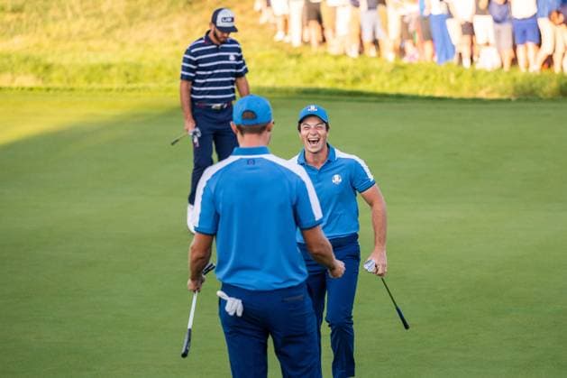230929 Ludvig Aberg and Viktor Hovland of Team Europe celebrate in a foursome match during day one of the Ryder Cup on September 29, 2023 in Rome Photo Mathias Bergeld BILDBYRAN kod MB MB0736 golf ryder cup day 1 bbeng round 1 jubel  Copyright: MATHIASxBERGELD BB230929MB042