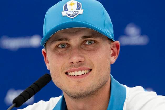 ROM 2023 09 29 Day 1 Foursome Ludvig at the press conference after the match Viktor Hovland Norway and Ludvig Aberg Sweden played together in Foursome and they won with 4 3 Photo Christer Höglund TT code 40750 Rome Italy GOLF x40750x  Copyright: xChristerHoglund TTx RYDER CUP FREDAG