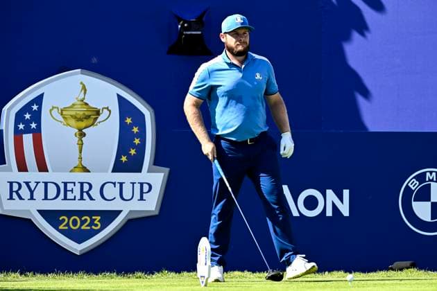 Tyrrell Hatton of Great Britain prepares to play on the first hole during the fourball matches of the 2023 Ryder Cup at Marco Simone Golf and Country Club in Rome, (Italy), September 29th, 2023. andreaxstaccioli