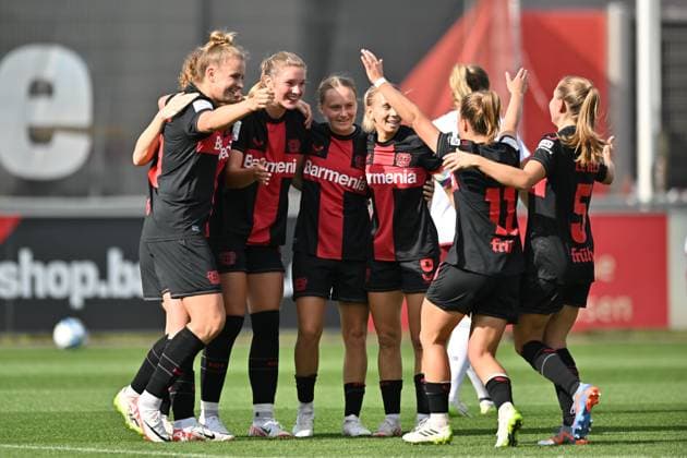 Jubel, Freuen, celebrate, happy, cheer , Goal Celebration Bayer 04 Leverkusen 3 0, 30 09 2023, Leverkusen Germany , Fussball,google pixel Frauenbundesliga bayer 04 Leverkusen 1 FC Nürnberg, DFB DFL REGULATIONS PROHIBIT ANY USE OF PHOTOGRAPHS AS IMAGE SEQUENCES AND OR QUASI VIDEO xmkx