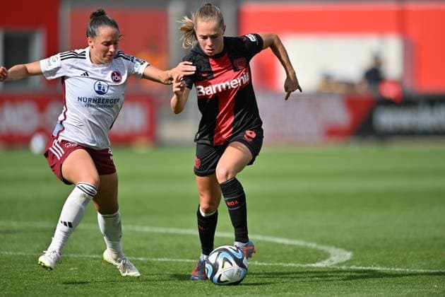 Janou Levels B04 , 5 settles in duel, 30 09 2023, Leverkusen Germany , football,google pixel womens Bundesliga bayer 04 Leverkusen 1 FC Nürnberg, DFB DFL REGULATES PROHIBIT ANY USE OF PHOTOGRAPHS AS IMAGE SEQUENCES AND OR QUASI VIDEO xmkx