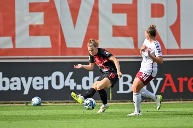 Synne Skinnes Hansen B04, 10 plays the ball deep, 30 09 2023, Leverkusen Germany , football,google pixel womens Bundesliga bayer 04 Leverkusen 1 FC Nürnberg, DFB DFL REGULATES PROHIBIT ANY USE OF PHOTOGRAPHS AS IMAGE SEQUENCES AND OR QUASI VIDEO xmkx