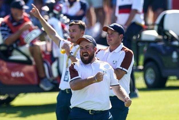 2023 Ryder Cup, Marco Simone Golf and Country Club, Rome, Italy 30 9 2023 Morning Foursome Matches Shane Lowry celebrates Shane Lowry celebrates 30 9 2023  Copyright: x INPHO MatteoxCiambellix DSC06110A