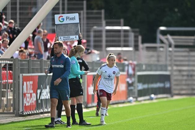 Livia Brunmair 1 FC Nürnberg, 17 is substituted, 30 09 2023, Leverkusen Germany , football,google pixel Frauenbundesliga bayer 04 Leverkusen 1 FC Nürnberg, DFB DFL REGULATES PROHIBIT ANY USE OF PHOTOGRAPHS AS IMAGE SEQUENCES AND OR QUASI VIDEO xmkx