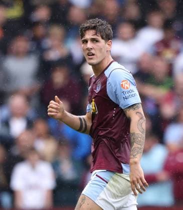 The clingy wet-look shirt of Nicolo Zaniolo (AV) at the Aston Villa v Brighton and Hove Albion EPL match, at Villa Park, Birmingham, UK on 30th September, 2023. 