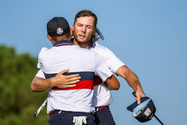 230930 Collin Morikawa and Sam Burns of USA celebrates after a fourball match during day 2 of the Ryder Cup on September 30, 2023 in Rome Photo Mathias Bergeld BILDBYRAN kod MB MB0737 golf ryder cup day 2 bbeng foursome jubel  Copyright: MATHIASxBERGELD BB230930MB047