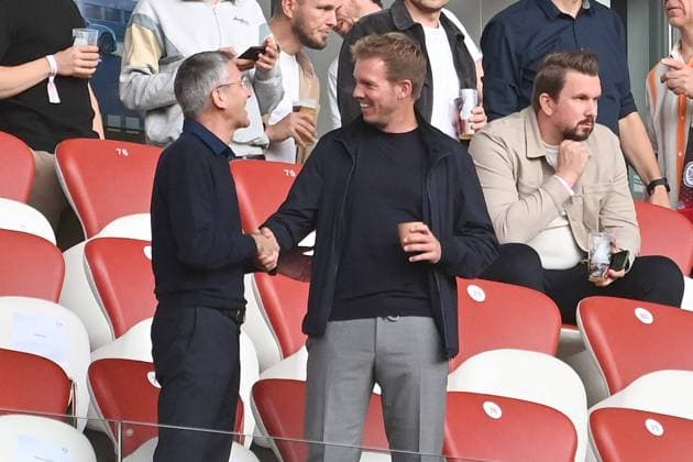 National coach Julian NAGELSMANN it Herbert HAINER President Bayern Muenchen on the tribune Shake Hands Football 1 Bundesliga season 2023 2024, 6 Spieltag, Spieltag06 RB Leipzig FC Bayern Muenchen on 30 09 2023 , R E D B U L A R E N A
