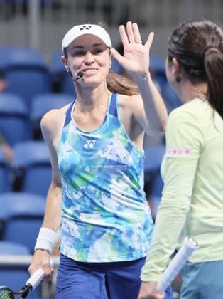 October 1, 2023, Tokyo, Japan - Swiss tennis legend Martina Hingis (L) plays a doubles game for exhibition match with doubles partner Kurumi Nara (R) of Japan after the final of the Toray Pan Pacifc Open tennis tournament at the Ariake Colosseum in Tokyo on Sunday, October 1, 2023. (photo by Yoshio Tsunoda AFLO) Noxthirdxpartyxsales  (231127582)