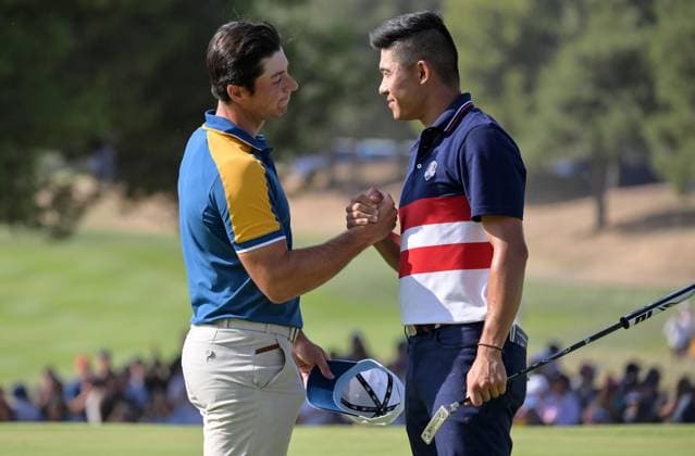 October 1, 2023, Rome: Europe teams golfer Norwegian Viktor Hovland (L) with US teams golfer Collin Morikawa (R) during the Single matches on the last day of the 2023 Ryder Cup golf tournament at Marco Simone Golf Club in Guidonia, near Rome, Italy, 1st October 2023. The 44th Ryder Cup matches between the US and Europe will be held in Italy from 29 September to 01 October 2023. ANSA ETTORE FERRARI 2023 Ryder Cup golf tournament - Single matches  - ZUMAa110 20231001_zaf_a110_044 Copyright: xEttrorexFerrarix