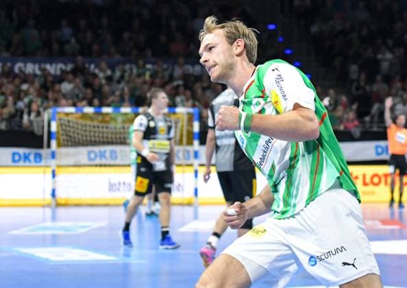 Handball Liqui Moly HBL, Füchse Berlin ThSV Eisenach 01 10 2023, xdanx, Handball Liqui Moly HBL, Füchse Berlin ThSV Eisenach, v l Mathias Gidsel Füchse Berlin 19 , Jubel Berlin Max Schmeling Halle Berlin Germany EN Copyright: xDanielxLakomskix