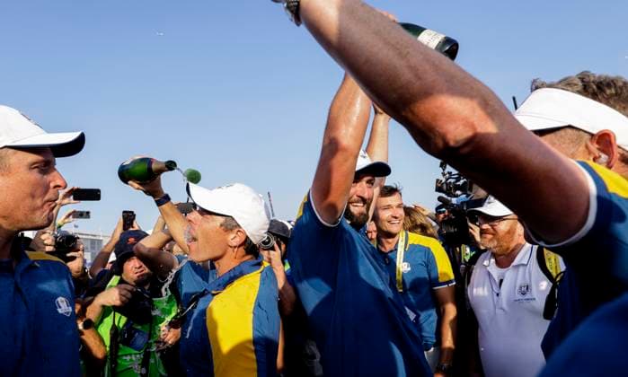 2023 Ryder Cup, Marco Simone Golf and Country Club, Rome, Italy 1 10 2023 Rory McIlroy and Jon Rahm celebrate victory Rory McIlroy and Jon Rahm celebrate victory 1 10 2023  Copyright: x INPHO MatteoxCiambellix _MGL5123