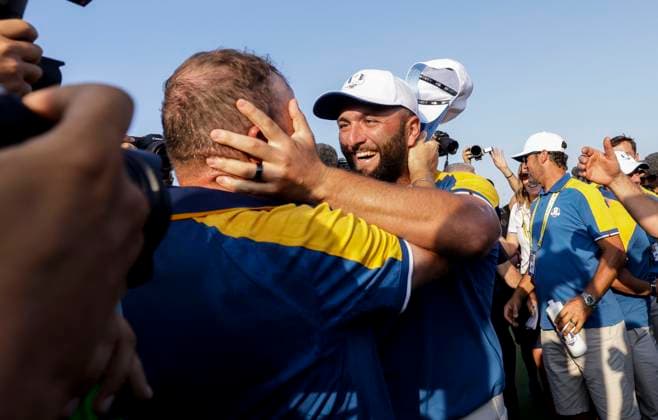 2023 Ryder Cup, Marco Simone Golf and Country Club, Rome, Italy 1 10 2023 Shane Lowry and Jon Rahm celebrate victory Shane Lowry and Jon Rahm celebrate victory 1 10 2023  Copyright: x INPHO MatteoxCiambellix _MGL4811
