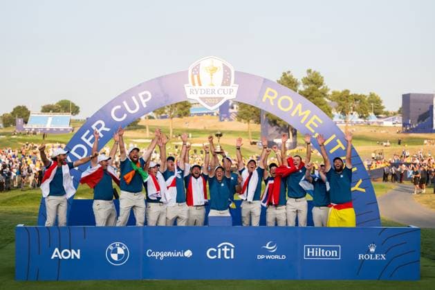 231001 Team Europe celebrates during day three of the Ryder Cup on October 1, 2023 in Rome Photo Mathias Bergeld BILDBYRAN kod MB MB0738 golf ryder cup day 3 bbeng celebration jubel  Copyright: MATHIASxBERGELD BB231001MB033
