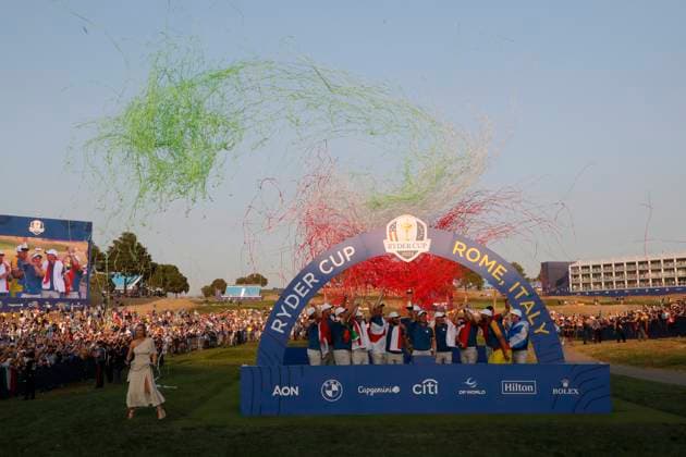 October 1, 2023, Guidonia Montecelio, Rome, Italy: TeamÃ¢â‚¬â ¢s Europe lift the trophy after win the 44th Ryder Cup Matches , against USA, at Marco Simone Golf Rome, Italy Guidonia Montecelio Italy - ZUMAl131 20231001_zsp_l131_008 Copyright: xCiroxDexLucax