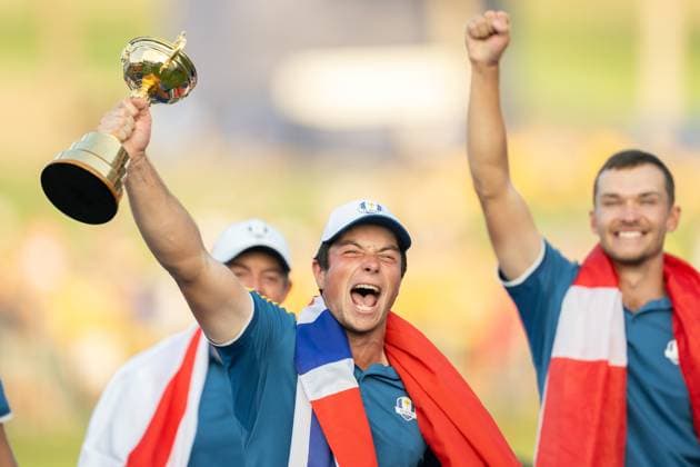 231001 Viktor Hovland of Team Europe celebrates during day three of the Ryder Cup on October 1, 2023 in Rome Photo Mathias Bergeld BILDBYRAN kod MB MB0738 golf ryder cup day 3 bbeng celebration jubel  Copyright: MATHIASxBERGELD BB231001MB035