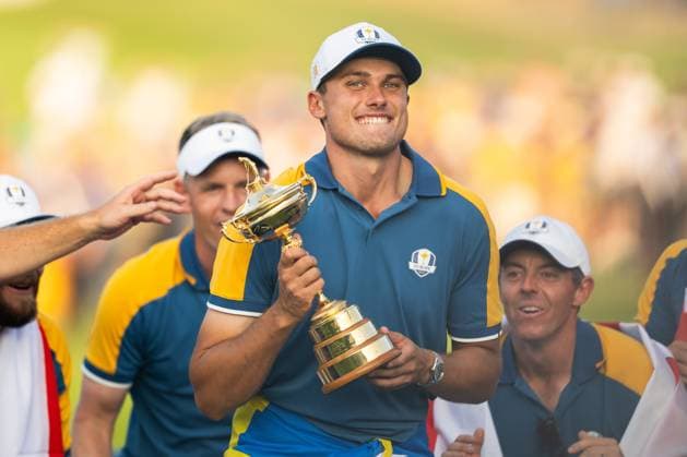 231001 Ludvig Aberg of Team Europe celebrates during day three of the Ryder Cup on October 1, 2023 in Rome Photo Mathias Bergeld BILDBYRAN kod MB MB0738 golf ryder cup day 3 bbeng celebration jubel  Copyright: MATHIASxBERGELD BB231001MB036