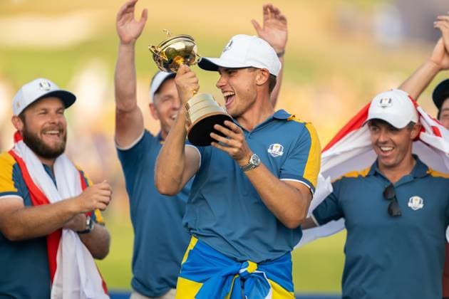231001 Ludvig Aberg of Team Europe celebrates during day three of the Ryder Cup on October 1, 2023 in Rome Photo Mathias Bergeld BILDBYRAN kod MB MB0738 golf ryder cup day 3 bbeng celebration jubel  Copyright: MATHIASxBERGELD BB231001MB040