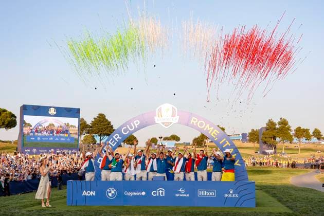 October 1, 2023, ROME, ITALY: The European team with Tommy Fleetwood (C) holding the trophy after winning the 2023 Ryder Cup golf tournament at Marco Simone Golf Club in Guidonia, near Rome, Italy, 1 October 2023. The 44th Ryder Cup matches between the US and Europe will be held in Italy from 29 September to 01 October 2023..ANSA FABIO FRUSTACI 2023 Ryder Cup golf tournament  - ZUMAa110 20231001_zaf_a110_084 Copyright: xFabioxFrustacix