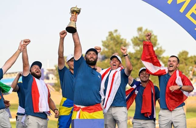 2023 Ryder Cup, Marco Simone Golf and Country Club, Rome, Italy 1 10 2023 Jon Rahm celebrates with the Ryder Cup Jon Rahm celebrates with the Ryder Cup 1 10 2023  Copyright: x INPHO MatteoxCiambellix _ASZ7542