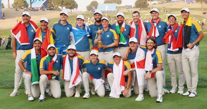 Team Europe celebrates after winning the Ryder Cup beating Team USA by fourteen and a half points to ten points on the final day of the Ryder Cup at Marco Simone Golf Club, Rome, Italy on Sunday, October 01, 2023.  LON2023100103 HUGOxPHILPOTT