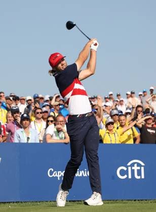 Team USA s Sam Burns drives on the 12th tee. Europe won the Ryder Cup beating Team USA by fourteen and a half points to ten points on the final day of the Ryder Cup at Marco Simone Golf Club, Rome, Italy on Sunday, October 01, 2023.  LON2023100133 HUGOxPHILPOTT