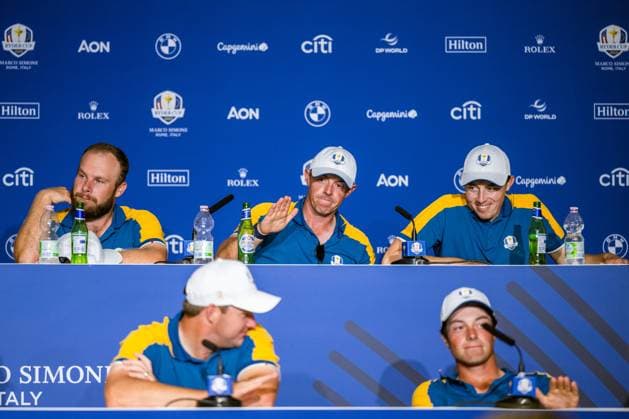231001 Tyrrell Hatton, Rory McIlroy and Matt Fitzpatrick at a press conference after winning the Ryder Cup during day three on October 1, 2023 in Rome Photo Mathias Bergeld BILDBYRAN kod MB MB0738 golf ryder cup day 3 bbeng  Copyright: MATHIASxBERGELD BB231001MB069