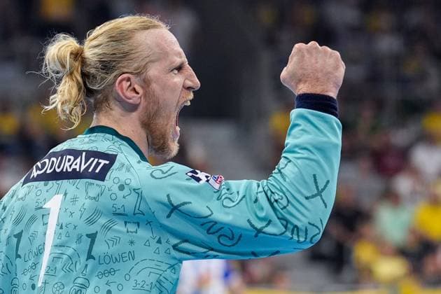 Mikael Alf Appelgren goalkeeper, RNL, 1 clenches fist, single image, single photo, action, jubilation, cheers, celebration, joy, confident, optimistic, game scene, action, 01 10 2023, Mannheim Germany , Handball, Bundesliga, Rhein Neckar Löwen TVB Stuttgart xozx