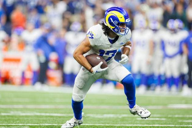 October 01, 2023: Los Angeles Rams wide receiver Puka Nacua (17) runs with the ball for a touchdown during NFL, American Football Herren, USA game action against the Indianapolis Colts in Indianapolis, Indiana. Los Angeles defeated Indianapolis 29-23 in overtime. CSM. USA - ZUMAc04_ 20231001_zma_c04_153 Copyright: xJohnxMersitsx