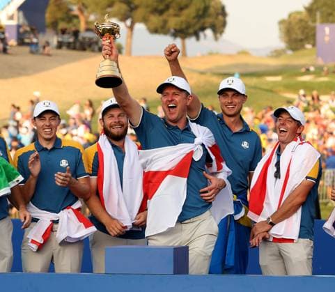 Bilder des Jahres 2023, Sport 10 Oktober Sport Themen der Woche KW39 Sport Bilder des Tages GOLF - Ryder Cup 2023 ROME,ITALY,01.OCT.23 - GOLF - Ryder Cup, Marco Simone Golf and Country Club. Image shows Matt Fitzpatrick (ENG EUR), Tyrell Hatton (ENG EUR), Justin Rose (ENG EUR), Ludvig Aberg (SWE EUR) and Rory McIlroy (NIR EUR).  GEPAxpictures xHansxOberlaender