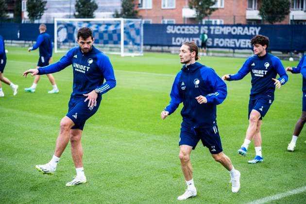 Rasmus Falk and David Khocholava FC Copenhagen train at Frederiksberg, Monday 2 October 2023 The team will meet Bayern Munich in the Champions League on Tuesday in a match played at Parken, Copenhagen Photo Martin Sylvest 2023 , Copenhagen Denmark  Copyright: MartinxSylvest MartinxSylvestx COP14717 spdk20231002-123157-L