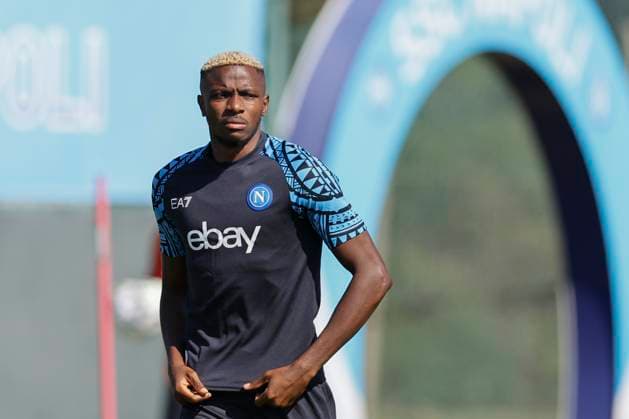 Italy: training session SSC Napoli SSC Napoli s Nigerian forward Victor Osimhen looks during training ahead of the UEFA Champions League match against Real Madrid at the Konami Center on 02 October 2023, in Castel Volturno, Italy. ABPH8916 Copyright: xAntonioxBalascox