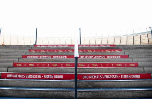 Football, men, season 2023 2024, Champions League Group C, 2 match day , 1 FC Union Berlin SC Braga, 1 day before the game, the Olympic Stadium is wrapped in the red and white club colors of Union, in the picture lettering on the stairs to the interior, 02 10 2023, Copyright: xSebastianxRäppold MatthiasxKochx