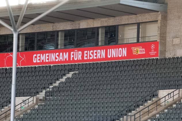Football, men, season 2023 2024, Champions League Group C, 2 matchday , 1 FC Union Berlin SC Braga, 1 day before the game, the Olympic Stadium is wrapped in the red and white club colors of Union, in the picture banner with quote from the Union anthem, 02 10 2023, Copyright: xSebastianxRäppold MatthiasxKochx