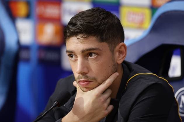 Italy: press conference, PK, Pressekonferenz Real Madrid CL Real Madrid s Uruguayan midfielder Federico Valverde during press conference Real Madrid before UEFA Champions League match against SSC Napoli at the Diego Armando Maradona stadium October 02, 2023, in Naples, Italy. ABPH9815 Copyright: xAntonioxBalascox