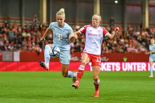 Celina Degen 5 1 FC Köln and Lea Schüller 11 Bayern in action at the Google Pixel womens Bundesliga match FC Bayern München 1 FC Köln on 02 10 2023 Munich FC Bayern Campus Bayern Germany