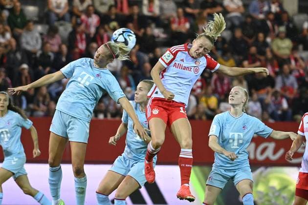Janina HECHLER K action,duel against Pernile HARDER FCB football googfle pixel Bundesliga of women season 2023 2024, 2 matchday, matchday02, FC Bayern Muenchen 1 FC Koeln on 02 10 2023 FC Bayern Campus.