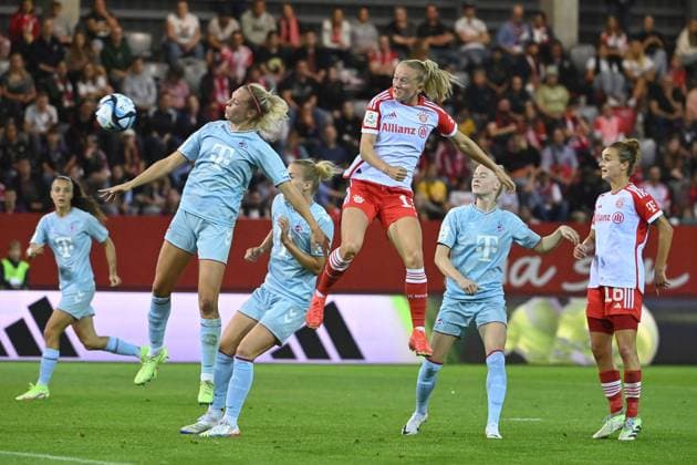 Janina HECHLER K action,duel against Pernile HARDER FCB football googfle pixel Bundesliga of women season 2023 2024, 2 matchday, matchday02, FC Bayern Muenchen 1 FC Koeln on 02 10 2023 FC Bayern Campus.