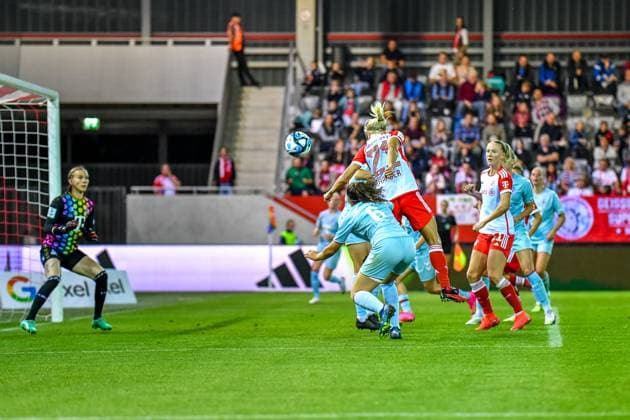 Pernille Harder 21 Bayern with the header to 1 0 at the Google Pixel womens Bundesliga match FC Bayern Munich 1 FC Cologne on 02 10 2023 Munich FC Bayern Campus Bayern Germany