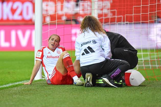 Sydney Lohmann 12 FC Bayern injured on the ground at Google Pixel womens Bundesliga match FC Bayern Munich 1 FC Cologne on 02 10 2023 Munich FC Bayern Campus Bayern Germany