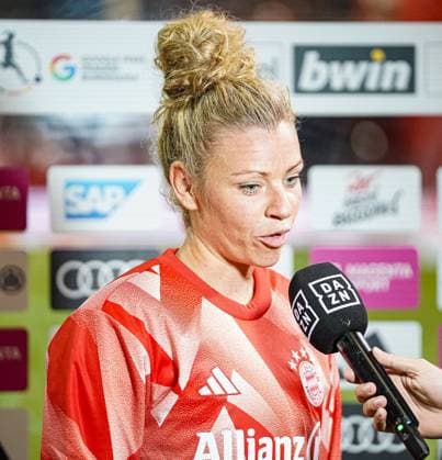 Linda Dallmann 10 FC Bayern interviewing DAZN after the Google Pixel womens Bundesliga match FC Bayern Munich 1 FC Cologne on 02 10 2023 Munich FC Bayern Campus Bayern Germany