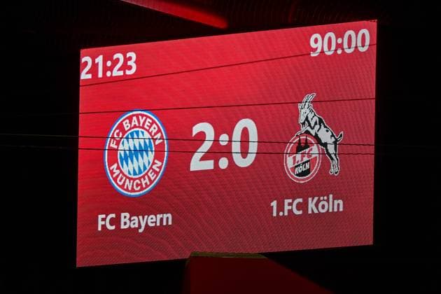 The scoreboard, video wall shows the final score, final result, 02 10 2023, Munich Germany , Football, Google Pixel Women Bundesliga, FC Bayern Munich 1 FC Cologne, DFB DFL REGULATES PROHIBIT ANY USE OF PHOTOGRAPHS AS IMAGE SEQUENCES AND OR QUASI VIDEO xslx