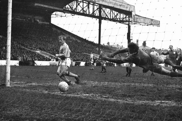 Football - 1967 1968 - League Division One - Manchester City v Fulham - Maine Road 16 03 1968 Francis Lee (Man City) gets a second chance to score from his penalty kick after Fulham goalkeeper Ian Seymour saved his first attempt. 
